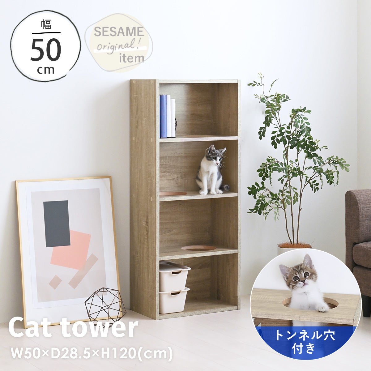 キャットタワー キャットシェルフ キャットカラーボックス ペット家具 猫 ねこ キャットラック キャットシェルフ トンネル穴 収納 幅50cm 高さ120cm オーク 木目調 CAT COLOR BOX OAK